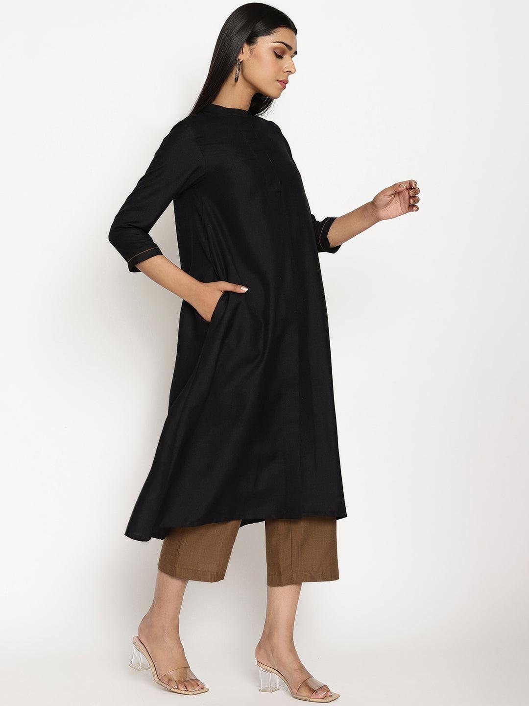 trueBrowns Cotton Linen Black Kurta Pant Set | Swadesiicart