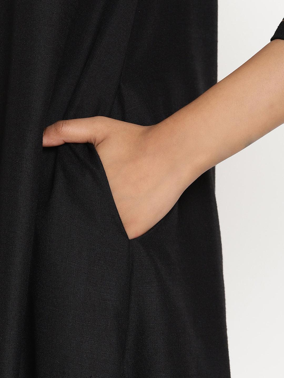 trueBrowns Cotton Linen Black Kurta Pant Set | Swadesiicart