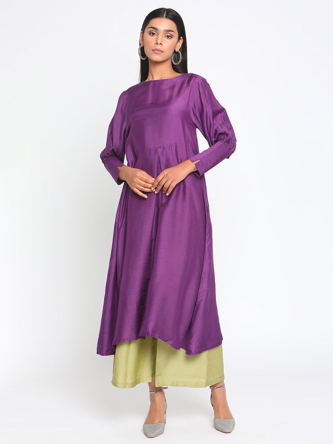 trueBrowns Silk Purple Gathered Sleeve Flared Kurta Palazzo Set | Swadesiicart
