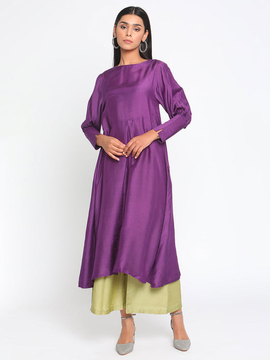 trueBrowns Silk Purple Gathered Sleeve Flared Kurta Palazzo Set | Swadesiicart