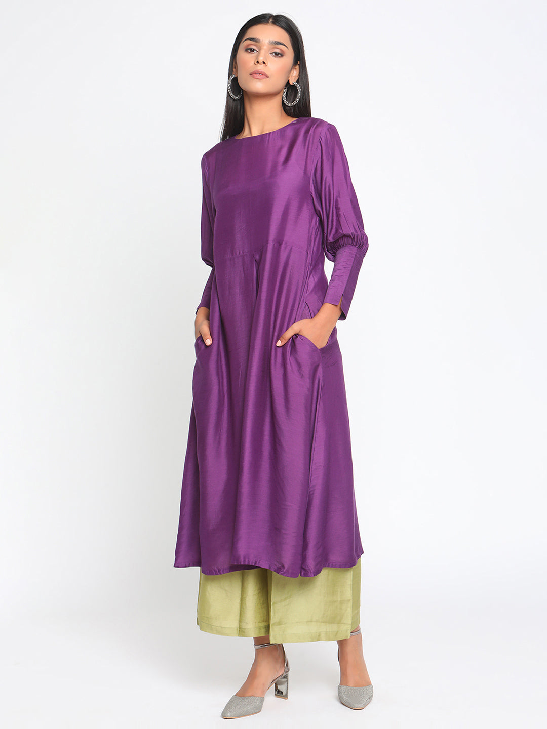trueBrowns Silk Purple Gathered Sleeve Flared Kurta Palazzo Set | Swadesiicart