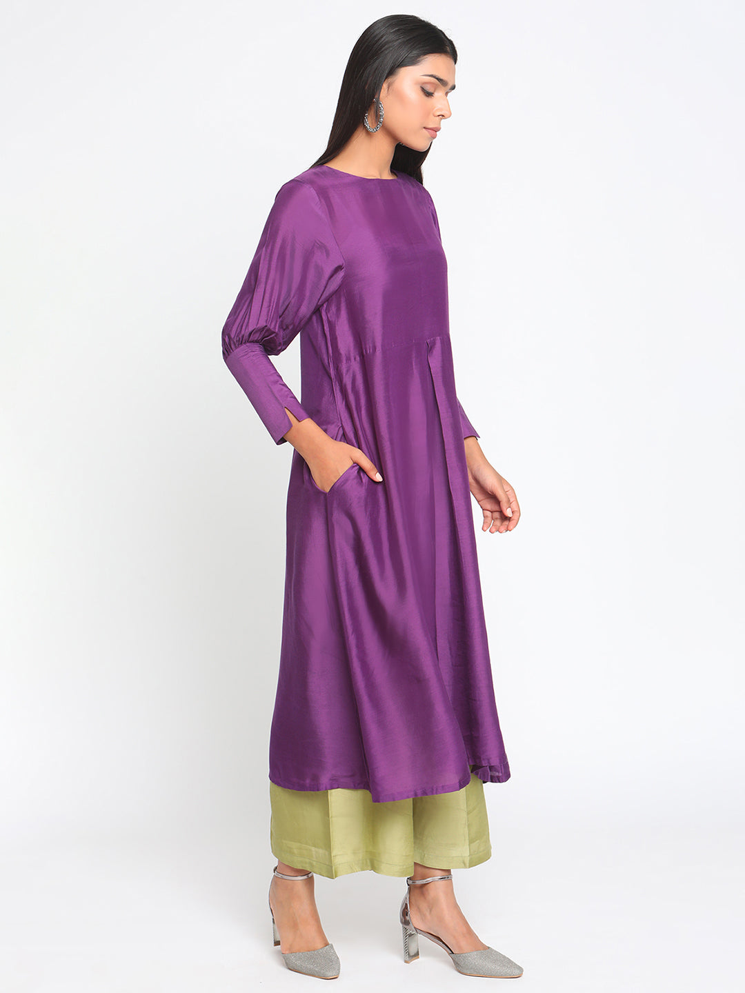 trueBrowns Silk Purple Gathered Sleeve Flared Kurta Palazzo Set | Swadesiicart