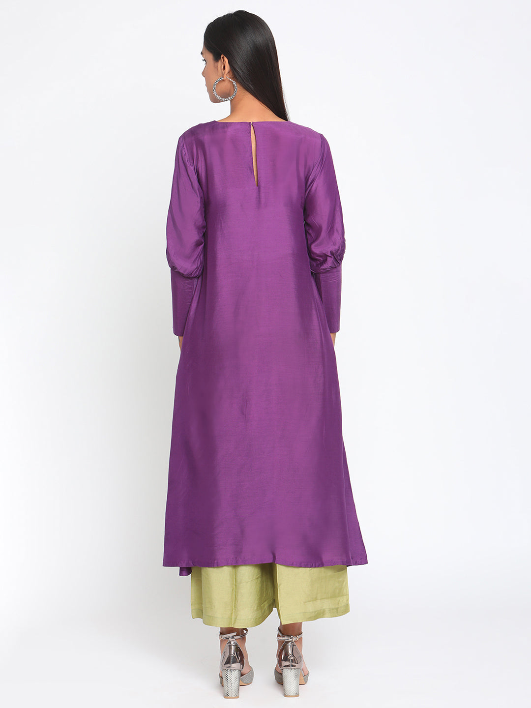 trueBrowns Silk Purple Gathered Sleeve Flared Kurta Palazzo Set | Swadesiicart