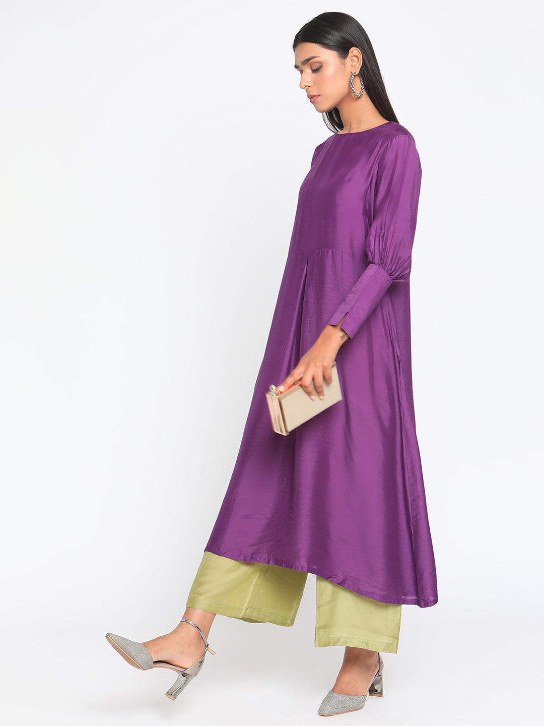 trueBrowns Silk Purple Gathered Sleeve Flared Kurta Palazzo Set | Swadesiicart