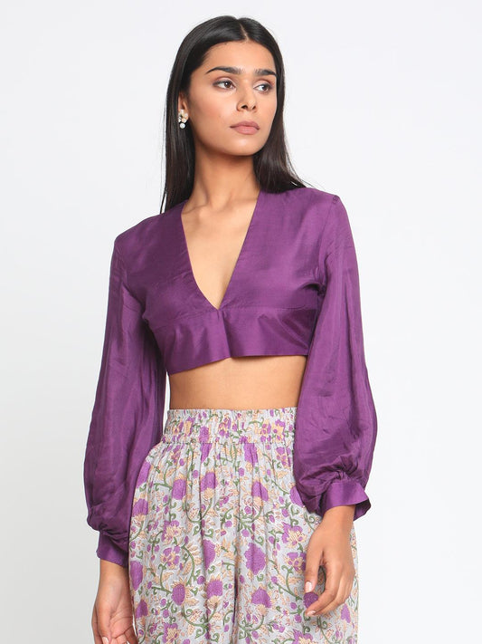 trueBrowns Silk Purple Gathered Sleeve Blouse | Swadesiicart