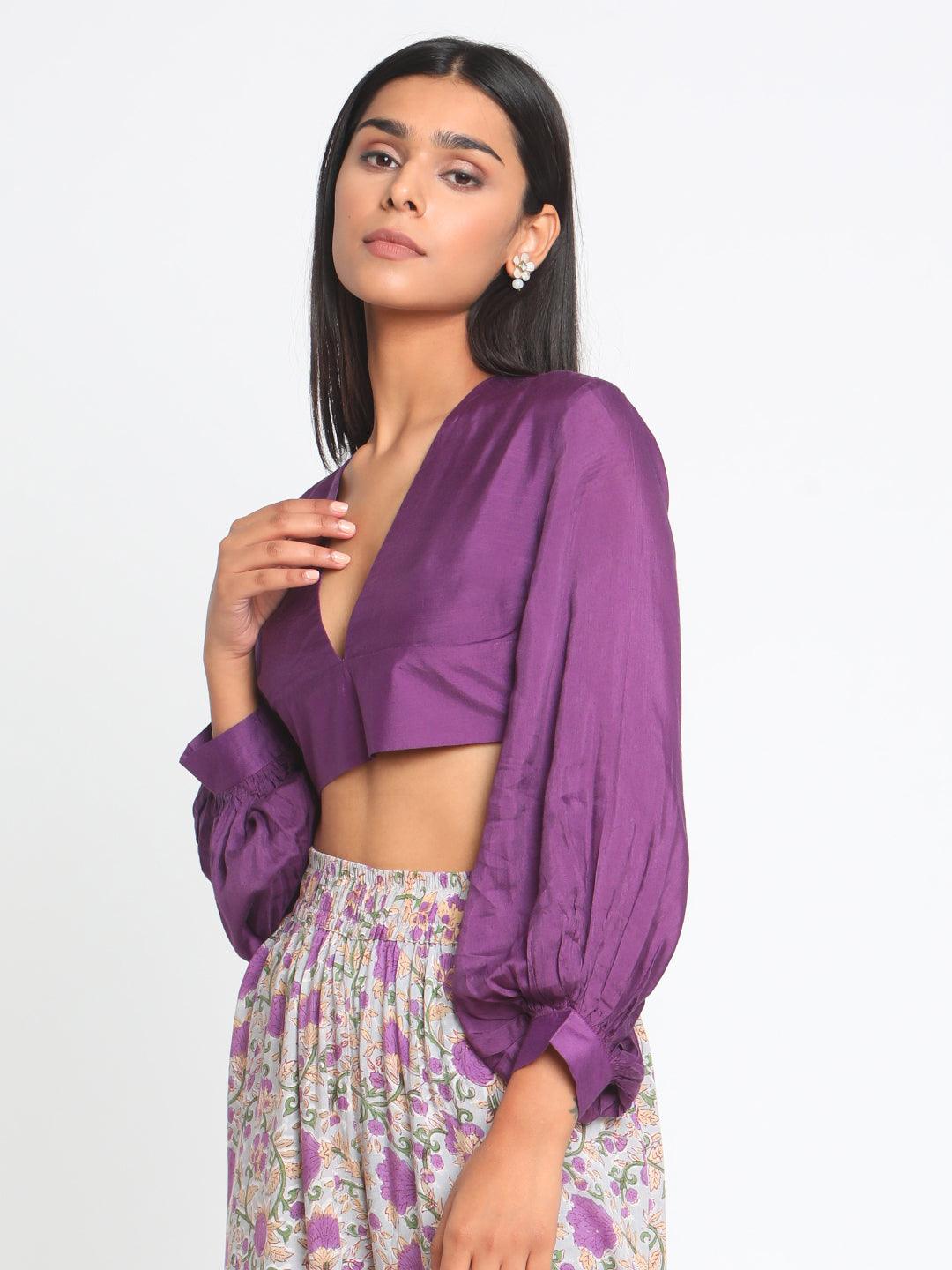 trueBrowns Silk Purple Gathered Sleeve Blouse | Swadesiicart