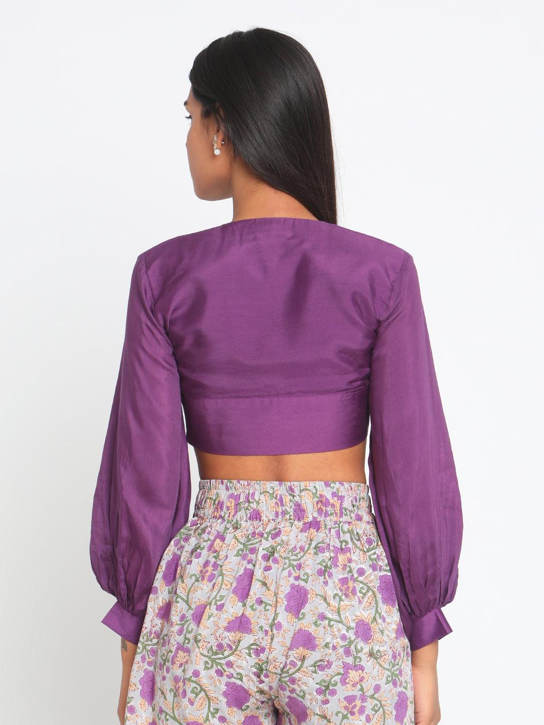 trueBrowns Silk Purple Gathered Sleeve Blouse | Swadesiicart
