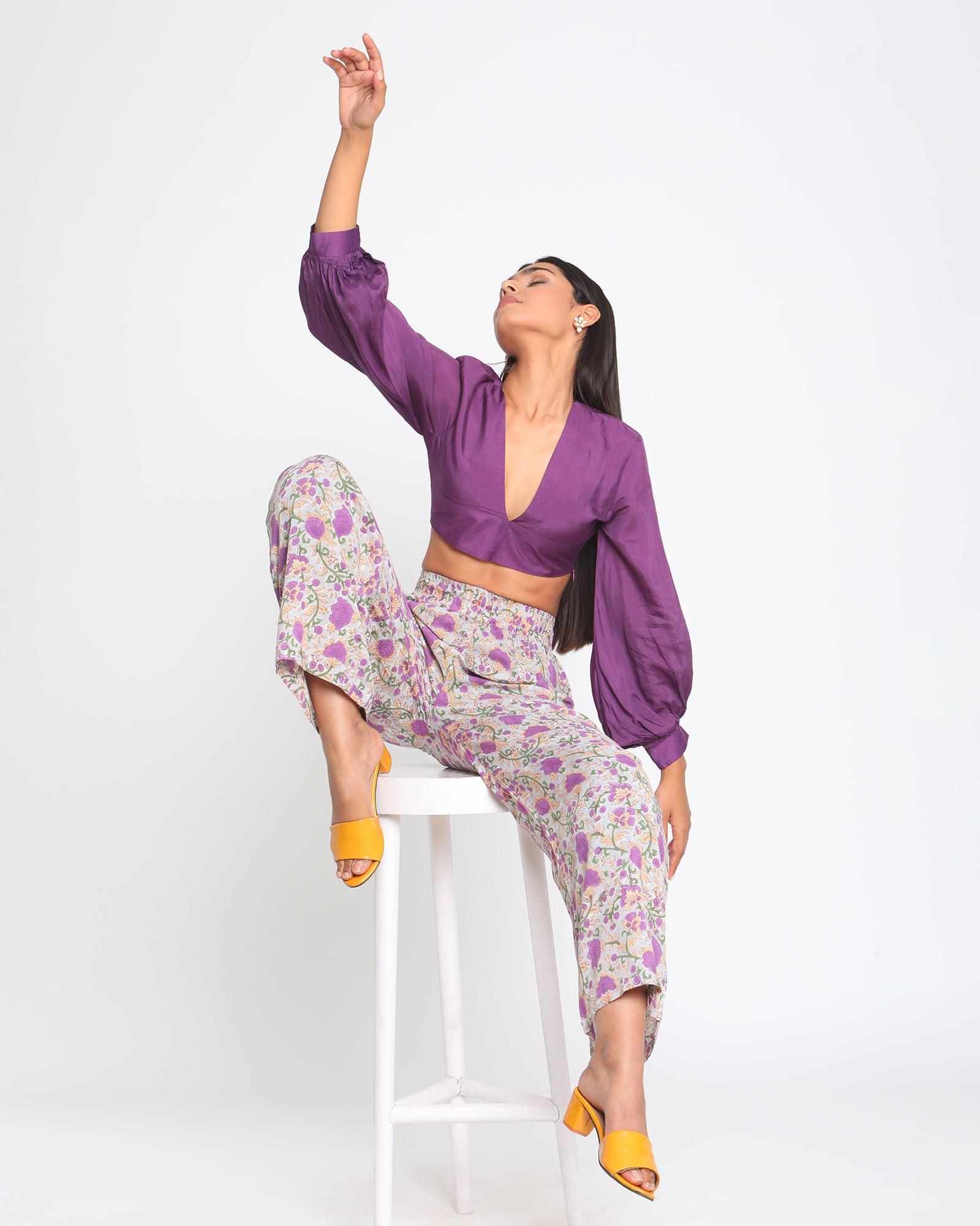 trueBrowns Silk Purple Gathered Sleeve Blouse | Swadesiicart