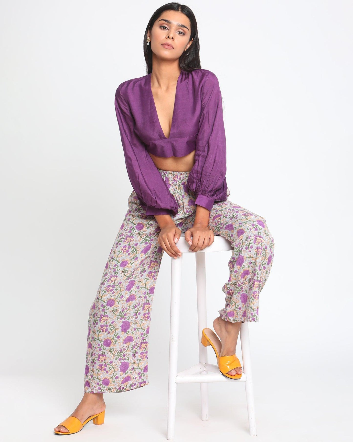 trueBrowns Silk Purple Gathered Sleeve Blouse | Swadesiicart