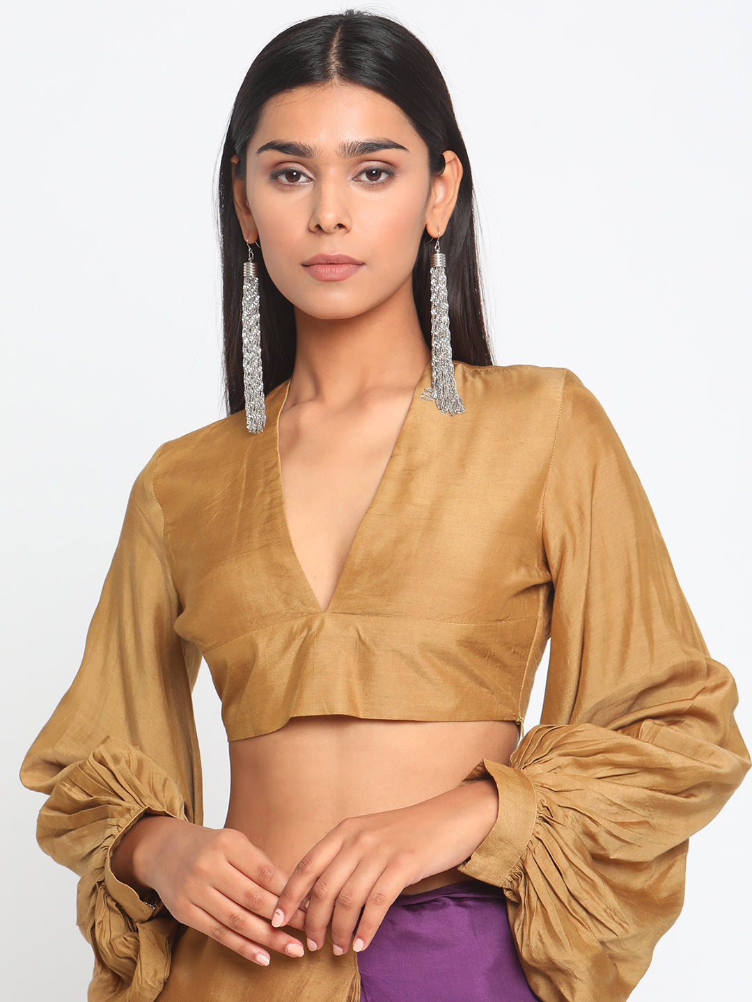 trueBrowns Silk Gold Gathered Sleeve Blouse | Swadesiicart