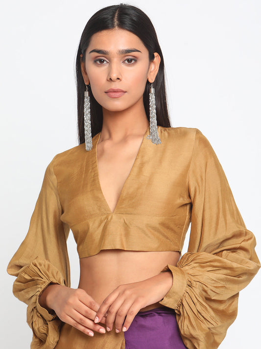 trueBrowns Silk Gold Gathered Sleeve Blouse | Swadesiicart