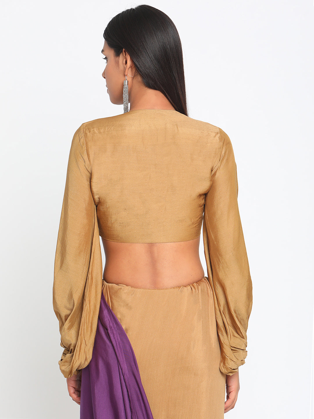 trueBrowns Silk Gold Gathered Sleeve Blouse | Swadesiicart