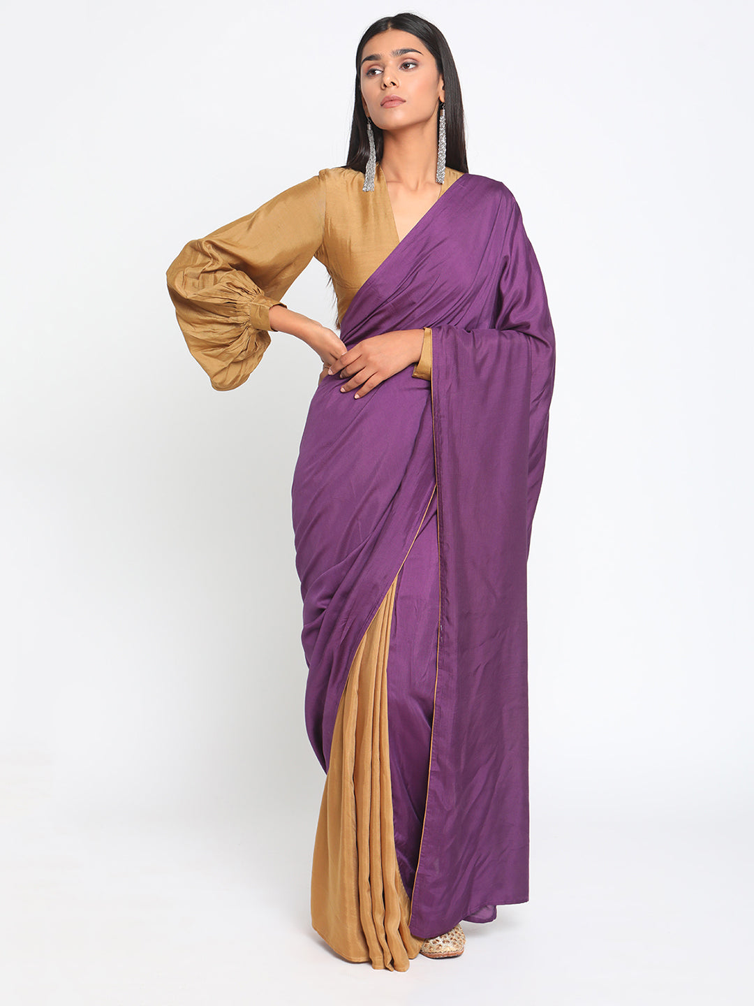 trueBrowns Silk Gold Gathered Sleeve Blouse | Swadesiicart