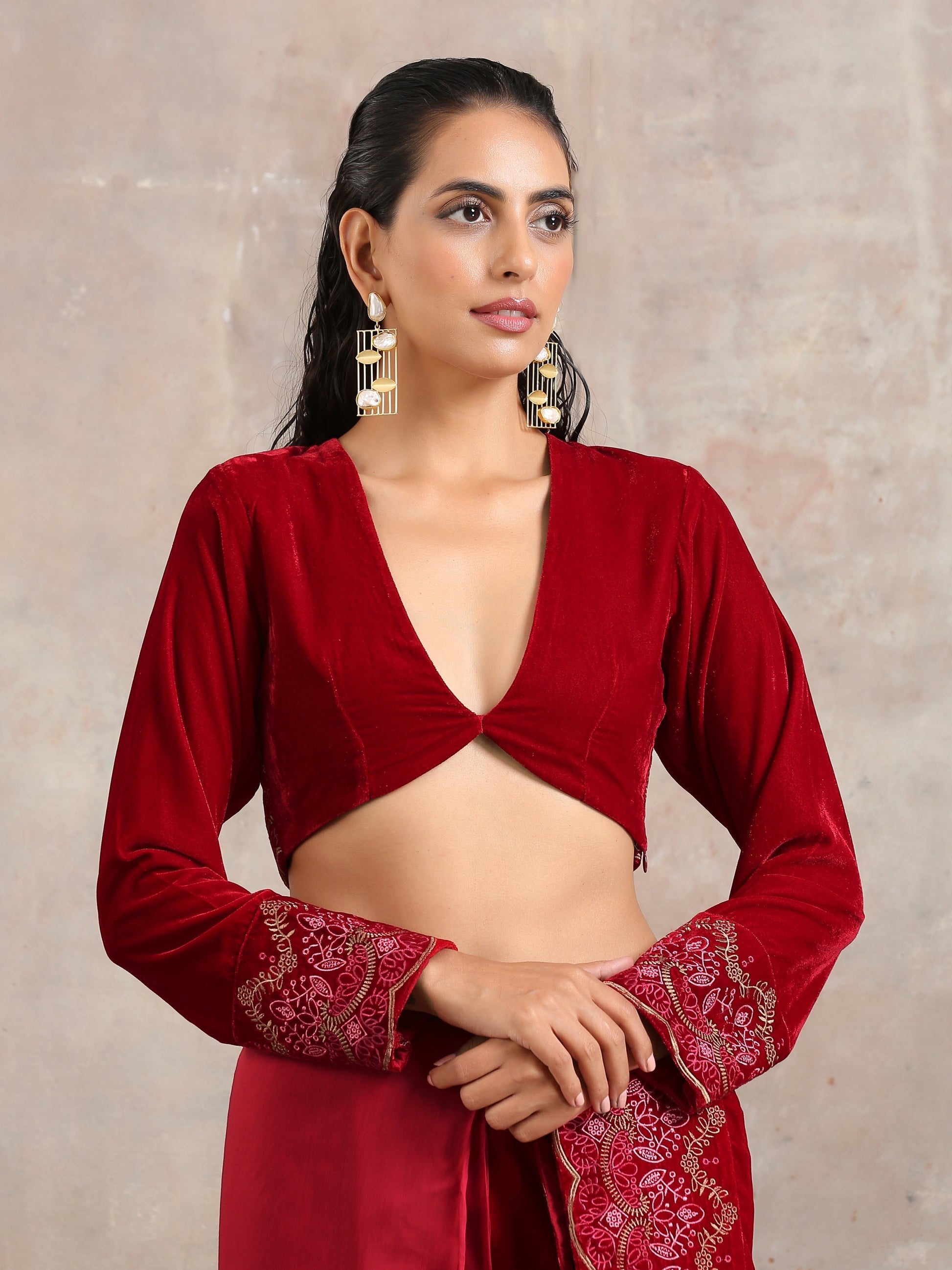 trueBrowns Red Velvet Embroidered Blouse | Swadesiicart