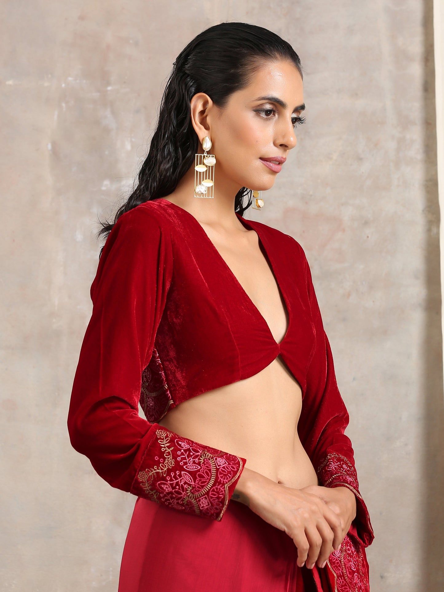 trueBrowns Red Velvet Embroidered Blouse | Swadesiicart