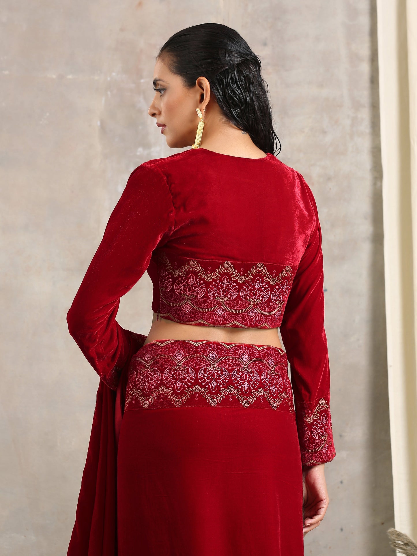 trueBrowns Red Velvet Embroidered Blouse | Swadesiicart
