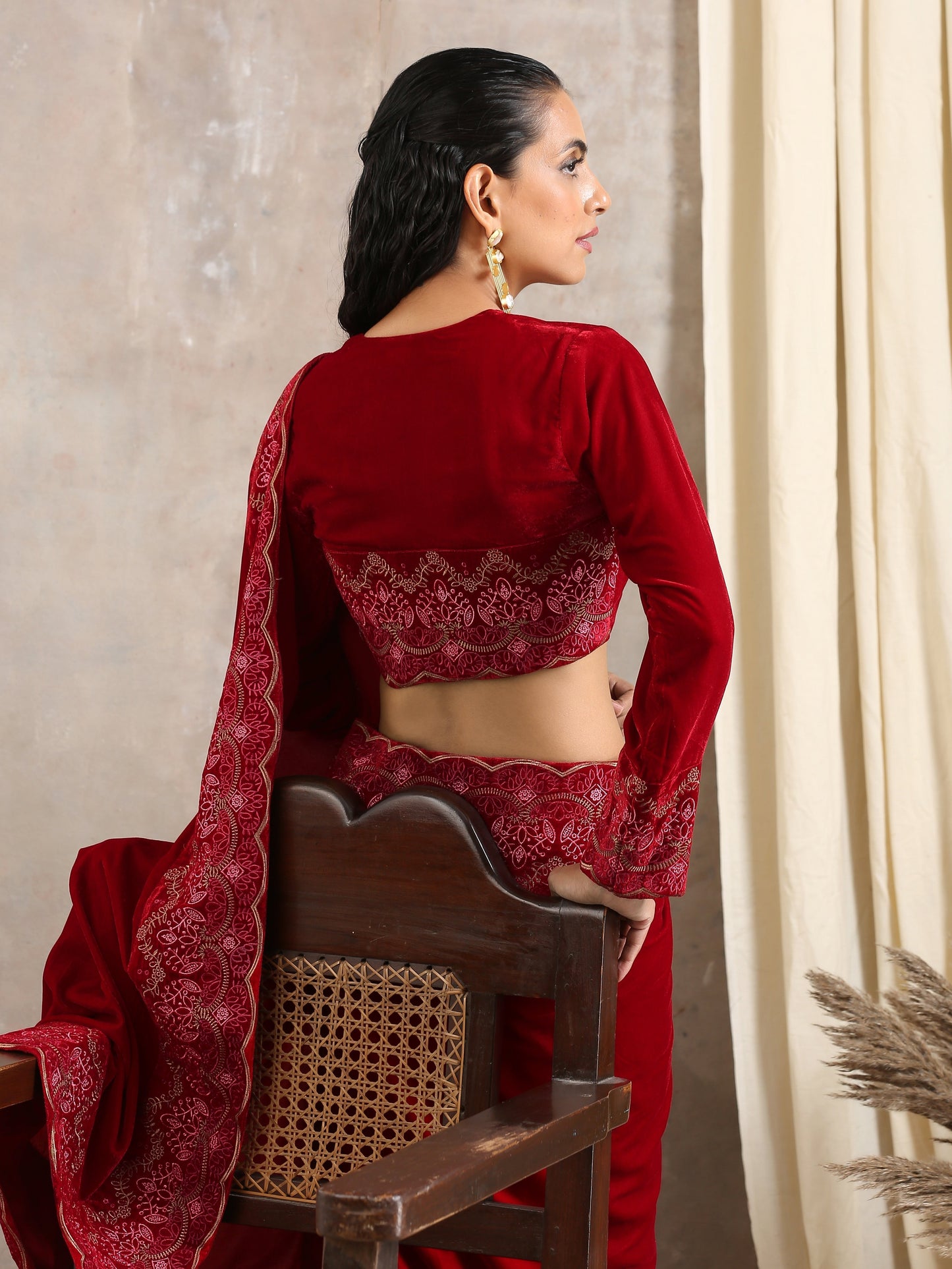trueBrowns Red Velvet Embroidered Blouse | Swadesiicart