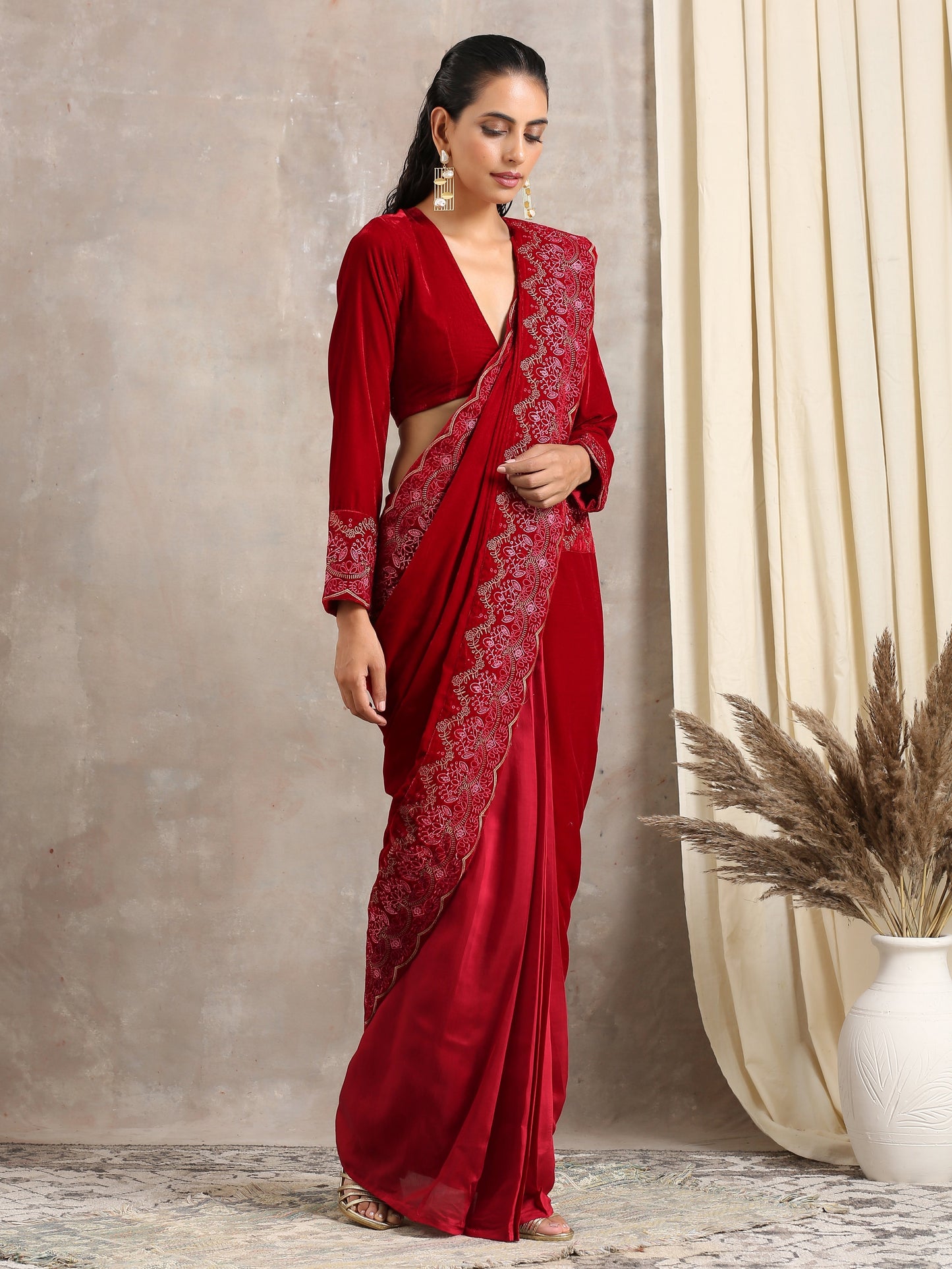 trueBrowns Red Velvet Embroidered Blouse | Swadesiicart