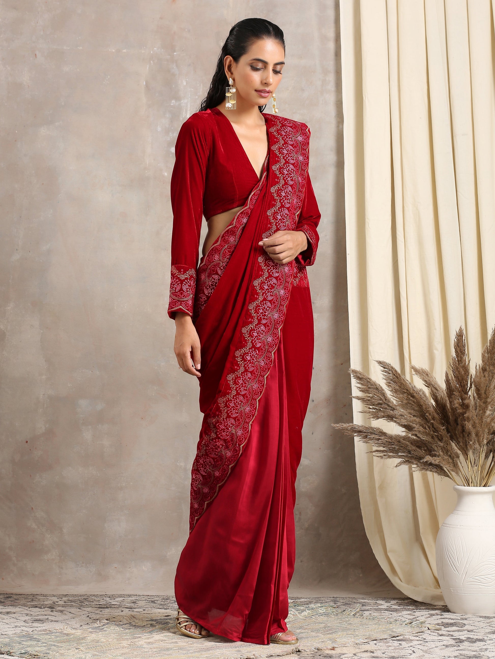 trueBrowns Red Velvet Embroidered Blouse | Swadesiicart