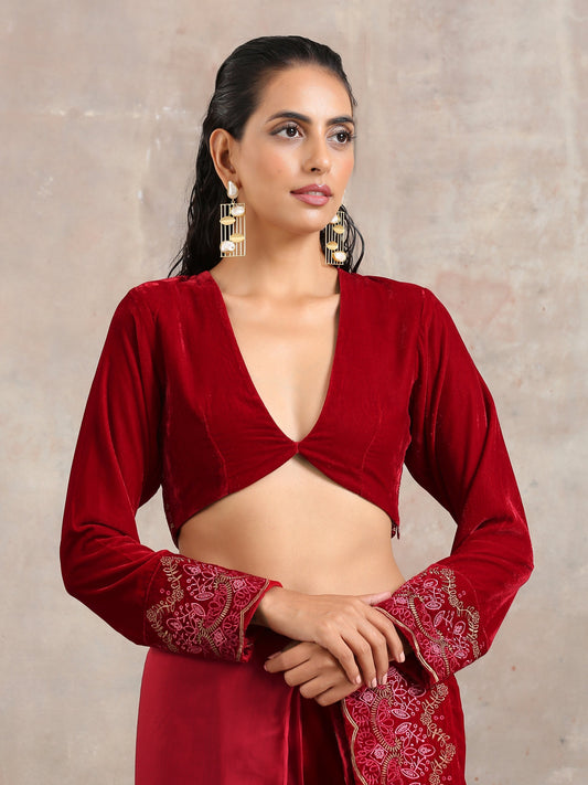 trueBrowns Red Velvet Embroidered Blouse | Swadesiicart