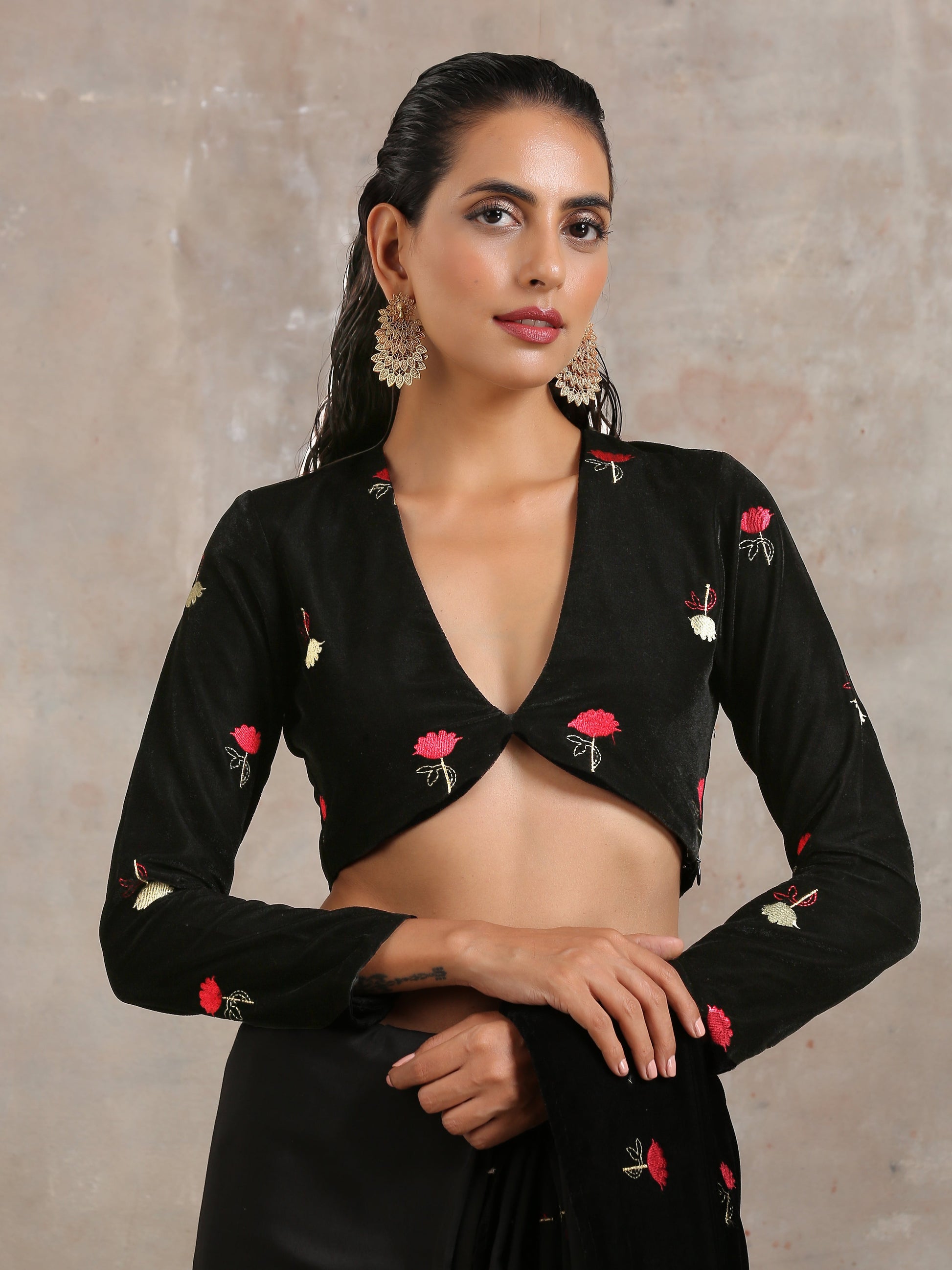 trueBrowns Black Velvet Embroidered Blouse | Swadesiicart