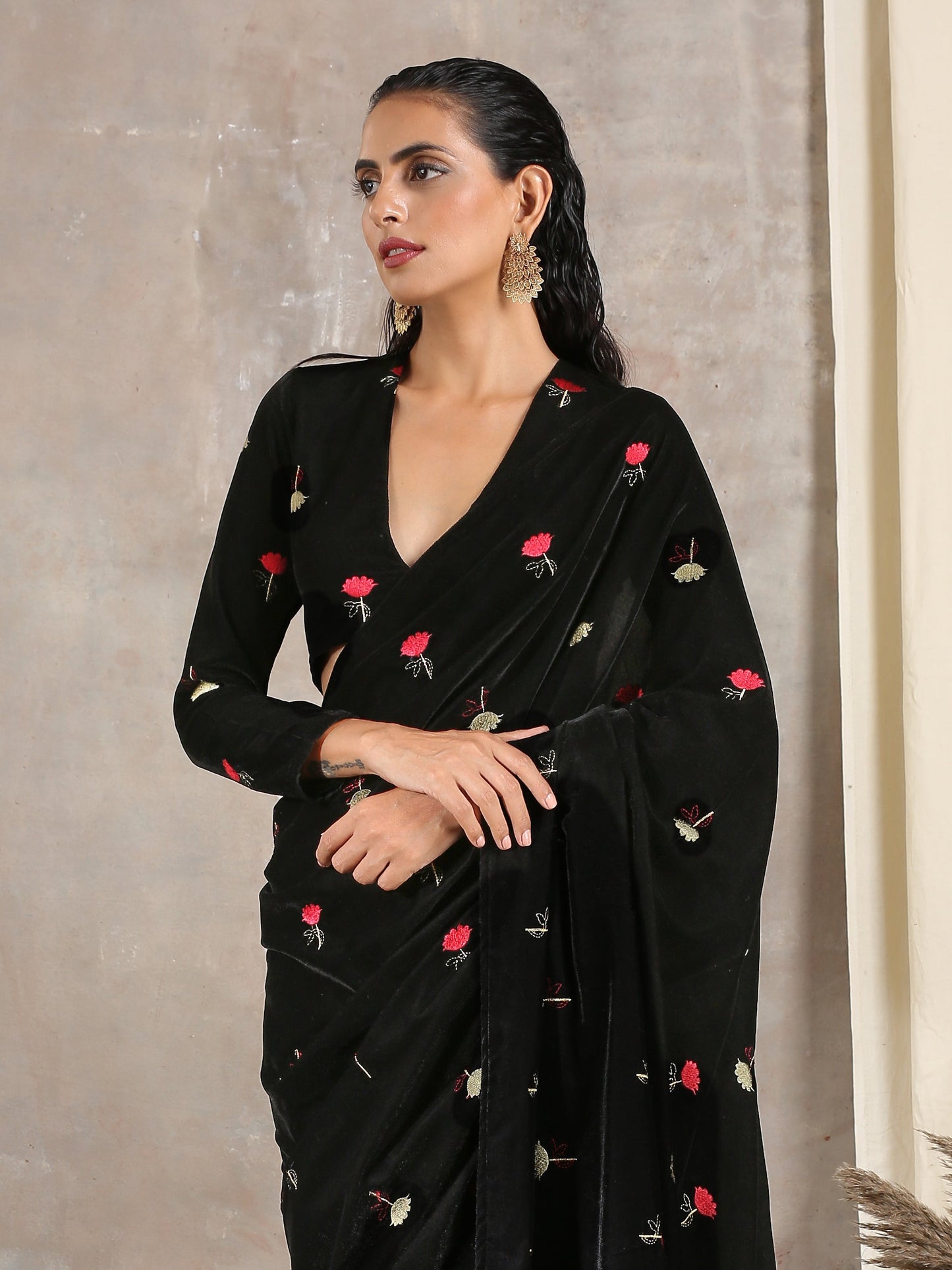 trueBrowns Black Velvet Embroidered Blouse | Swadesiicart