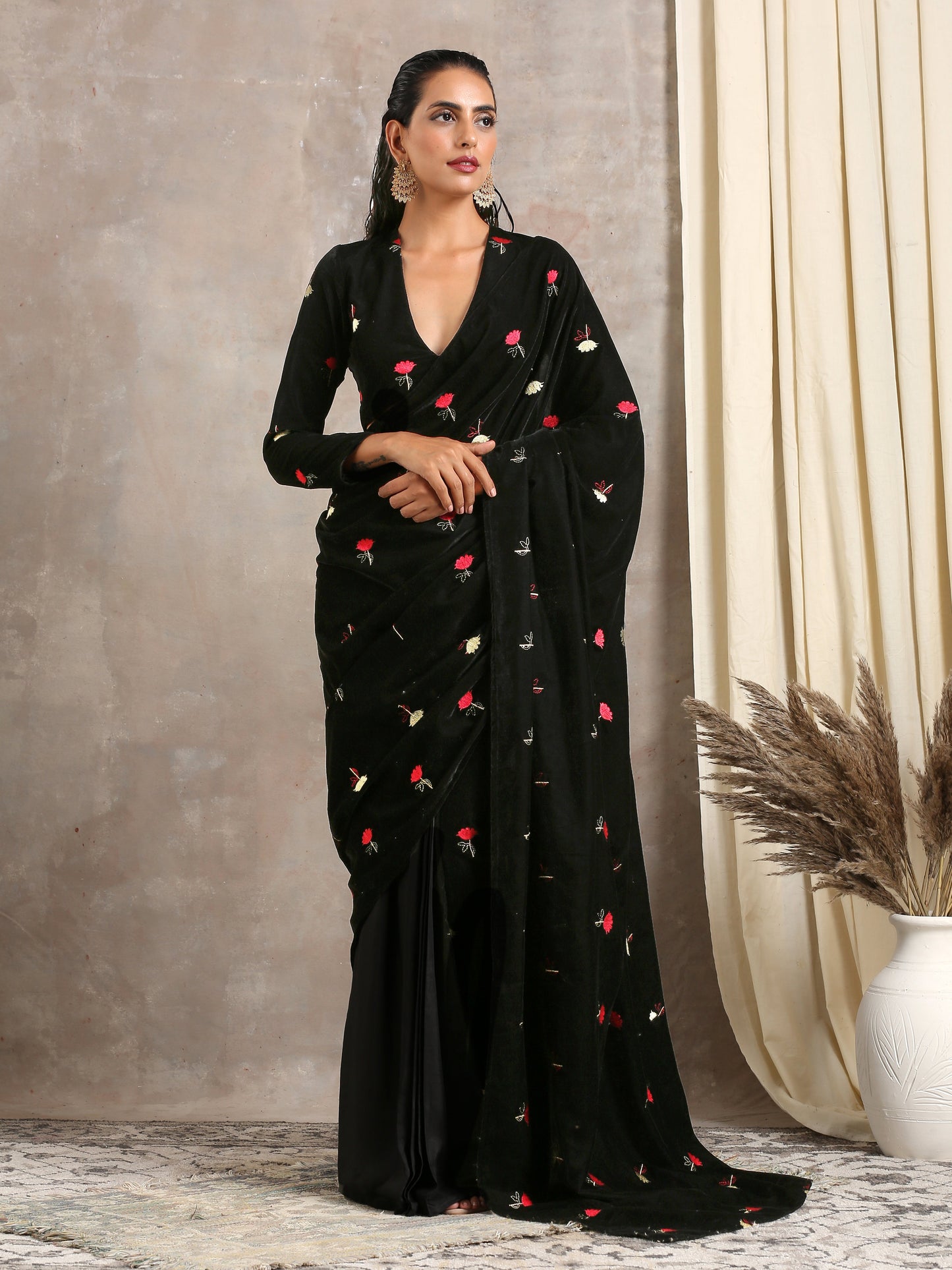 trueBrowns Black Velvet Embroidered Blouse | Swadesiicart