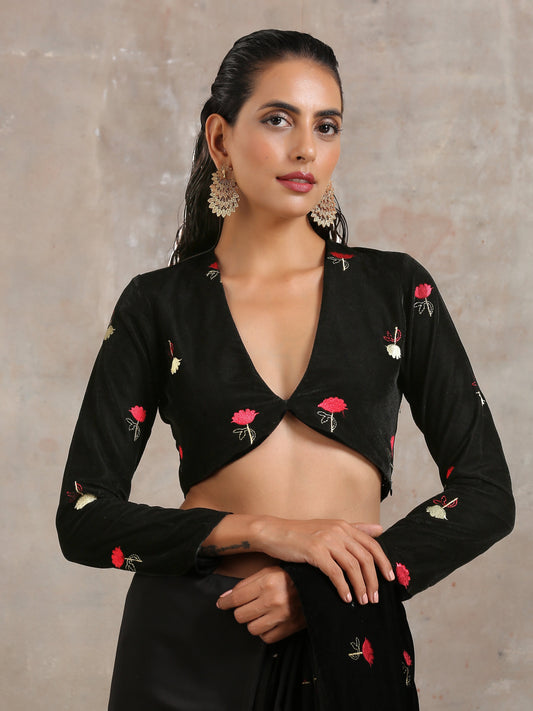 trueBrowns Black Velvet Embroidered Blouse | Swadesiicart