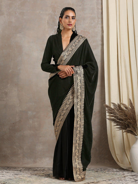 trueBrowns Velvet Silk Embroidered Ready Pleated Saree | Swadesiicart