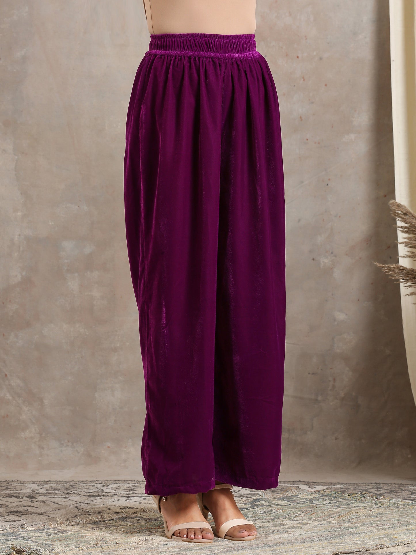 trueBrowns Wine Velvet High Waist Pant | Swadesiicart