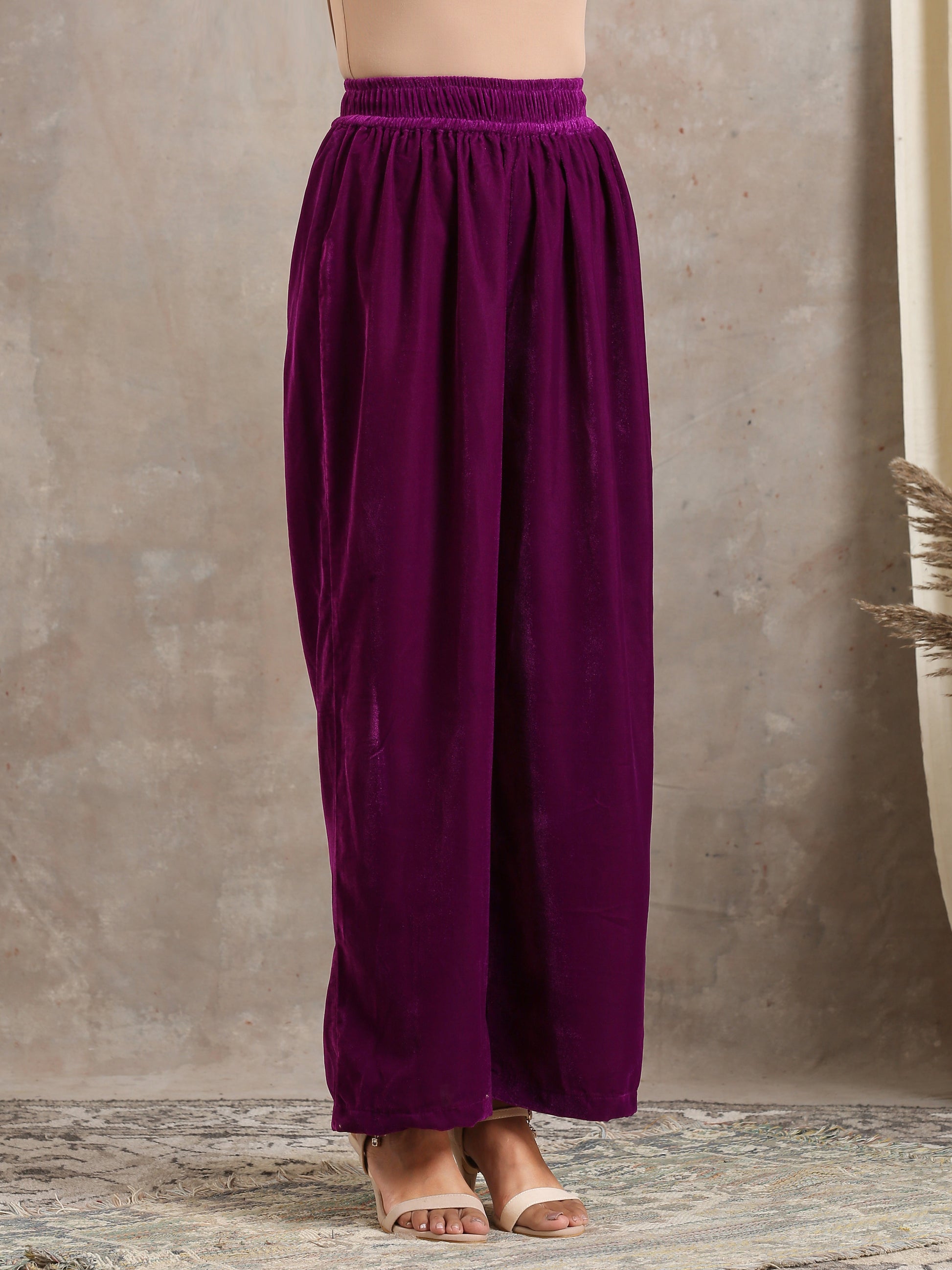trueBrowns Wine Velvet High Waist Pant | Swadesiicart