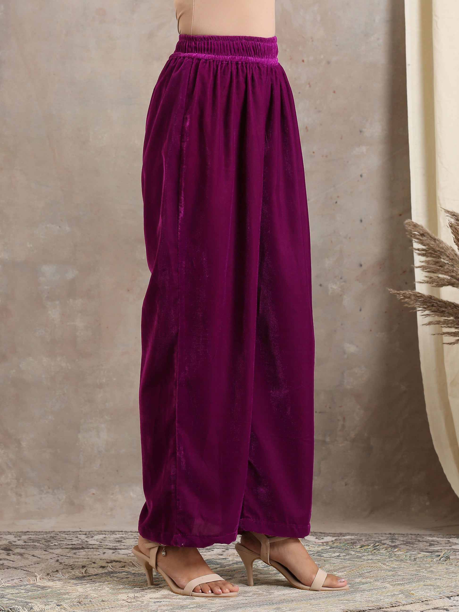 trueBrowns Wine Velvet High Waist Pant | Swadesiicart