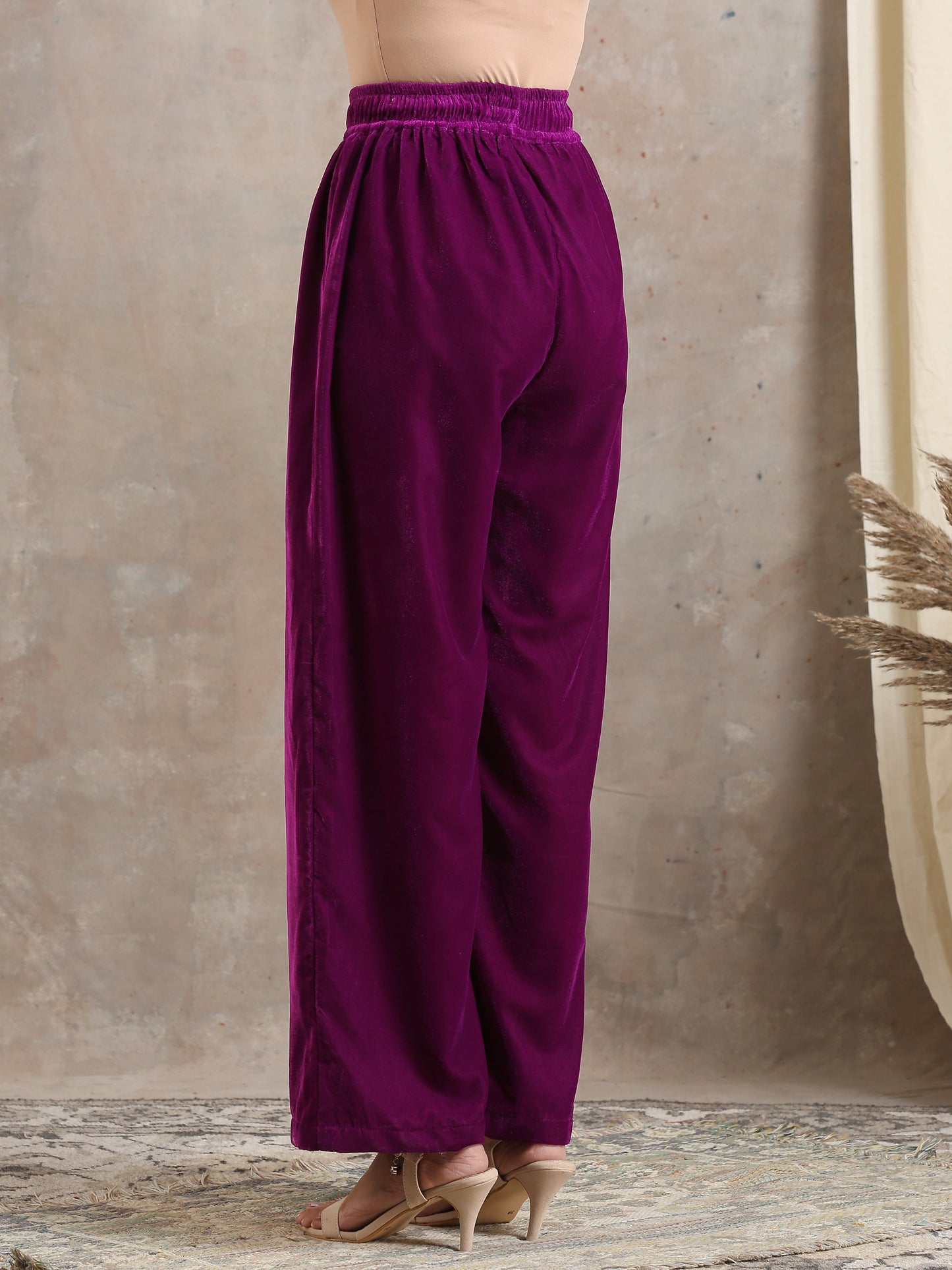 trueBrowns Wine Velvet High Waist Pant | Swadesiicart