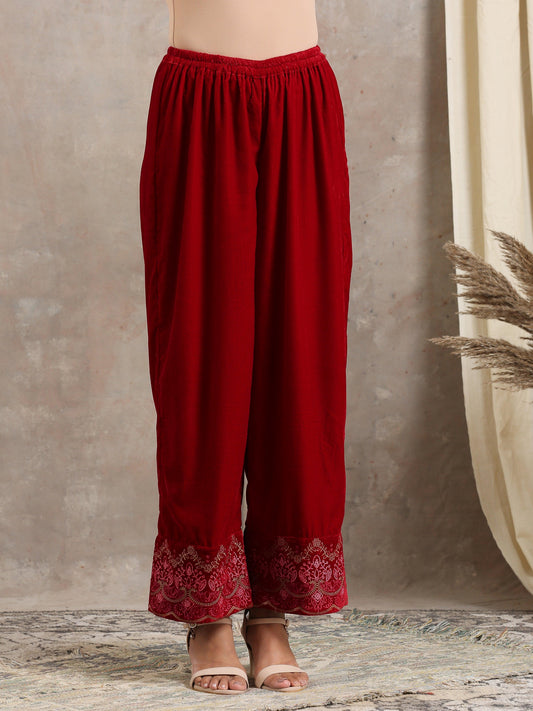 trueBrowns Red Velvet Embroidered Pant | Swadesiicart