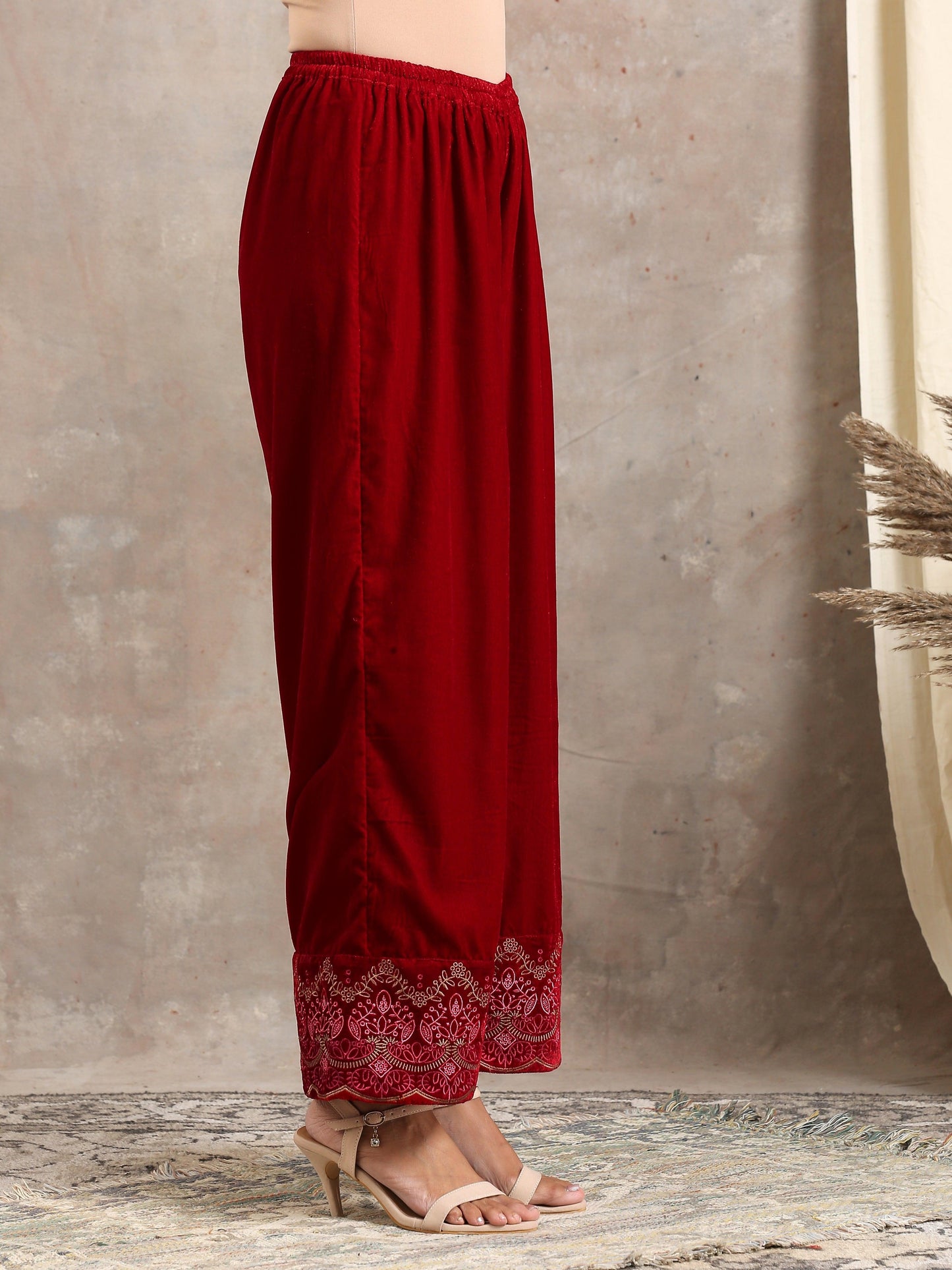trueBrowns Red Velvet Embroidered Pant | Swadesiicart