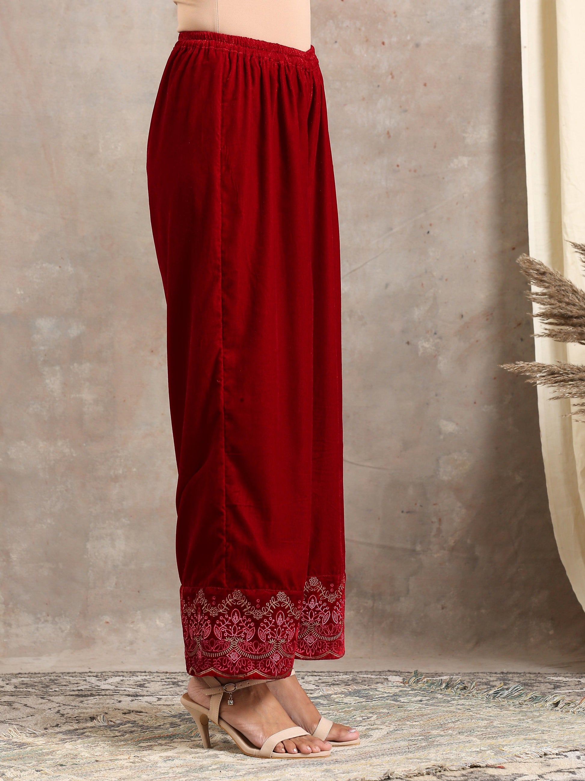 trueBrowns Red Velvet Embroidered Pant | Swadesiicart