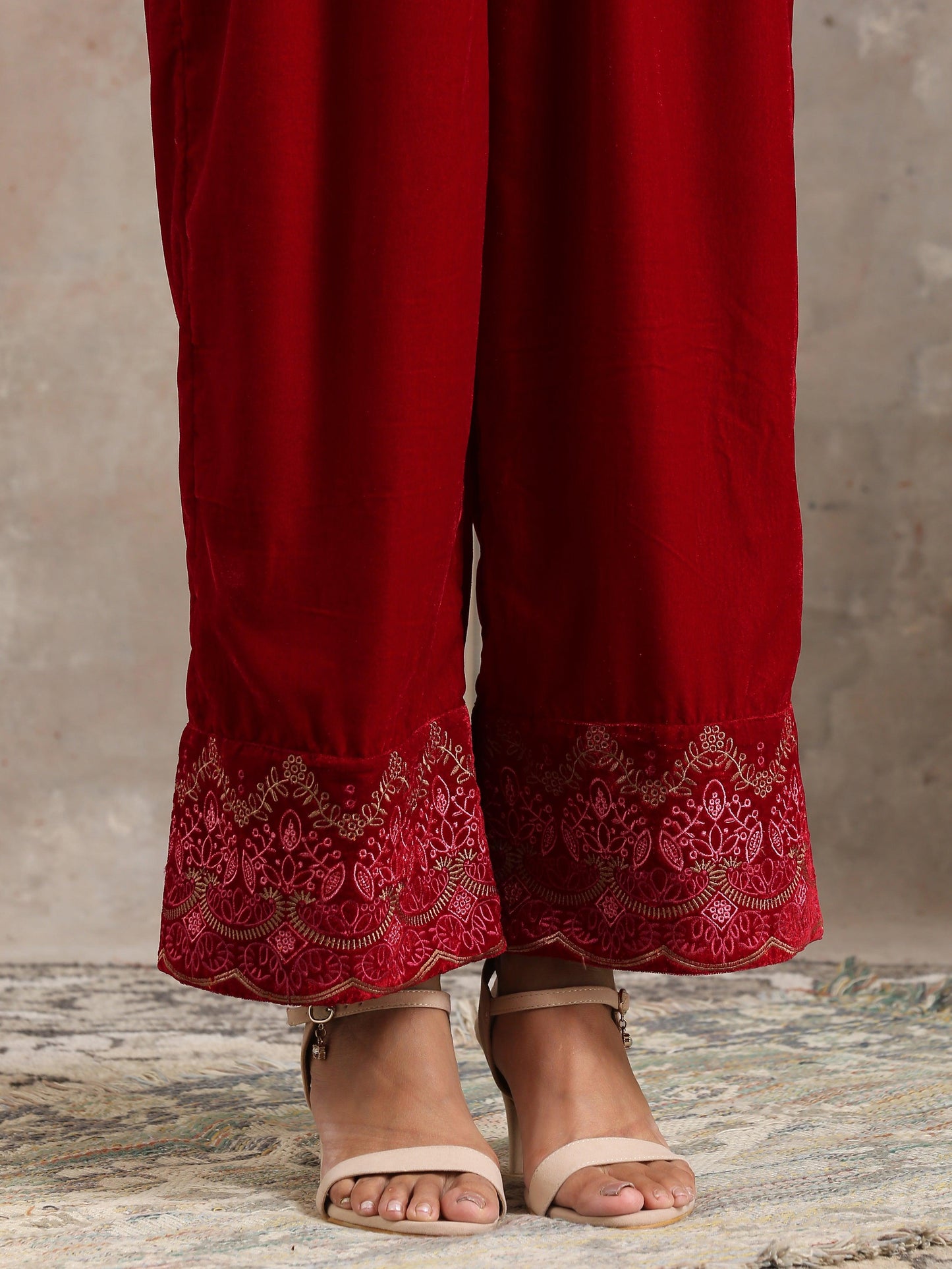 trueBrowns Red Velvet Embroidered Pant | Swadesiicart
