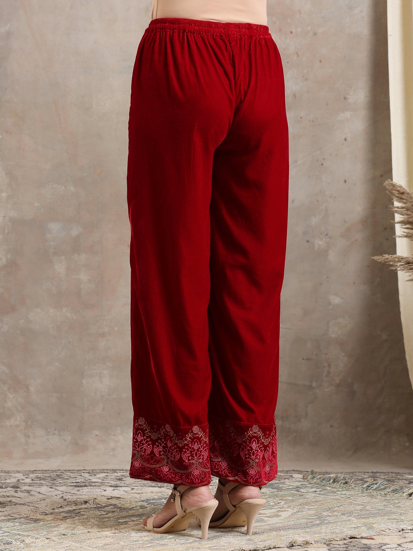 trueBrowns Red Velvet Embroidered Pant | Swadesiicart