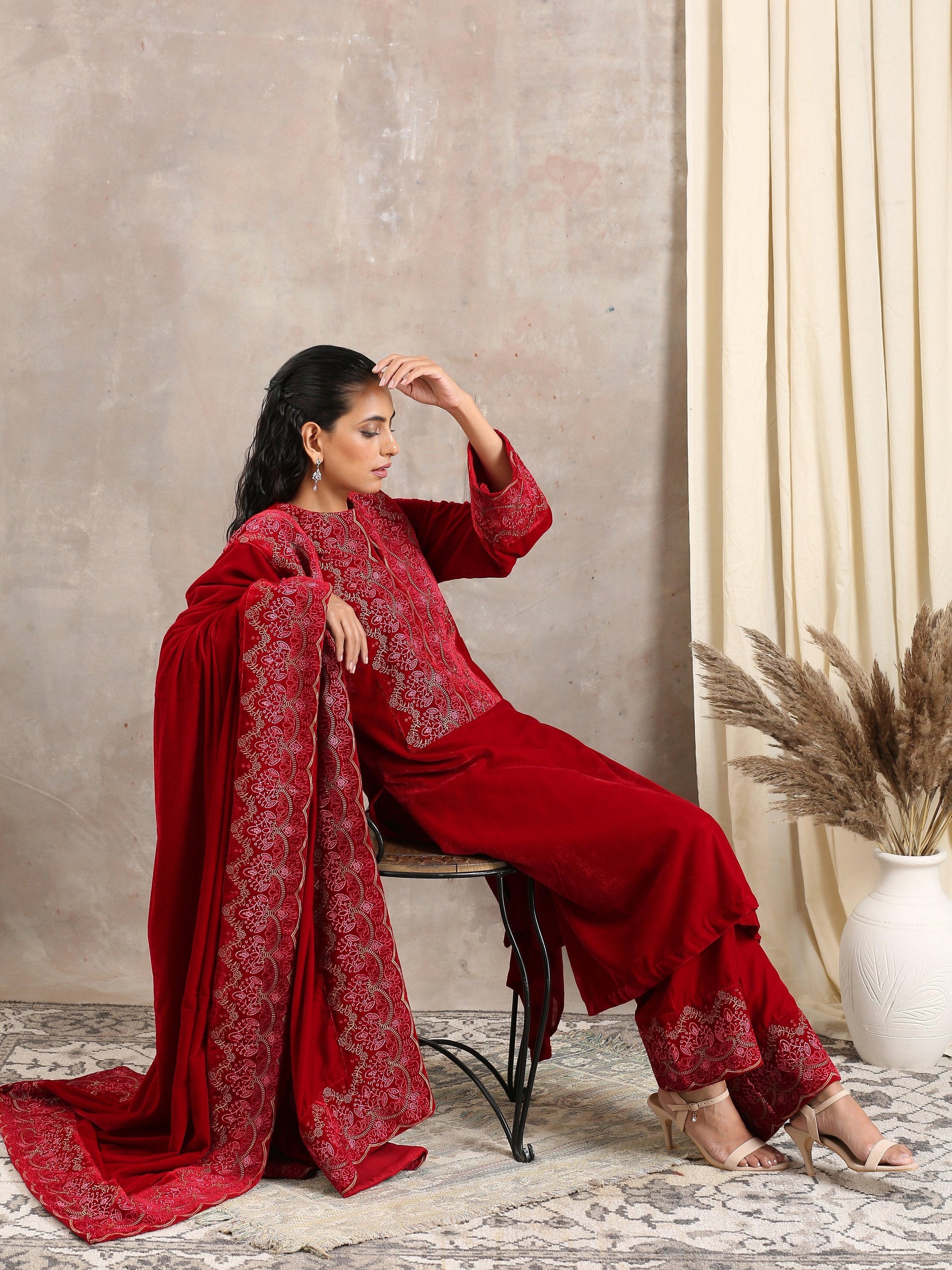 trueBrowns Red Velvet Embroidered Pant | Swadesiicart