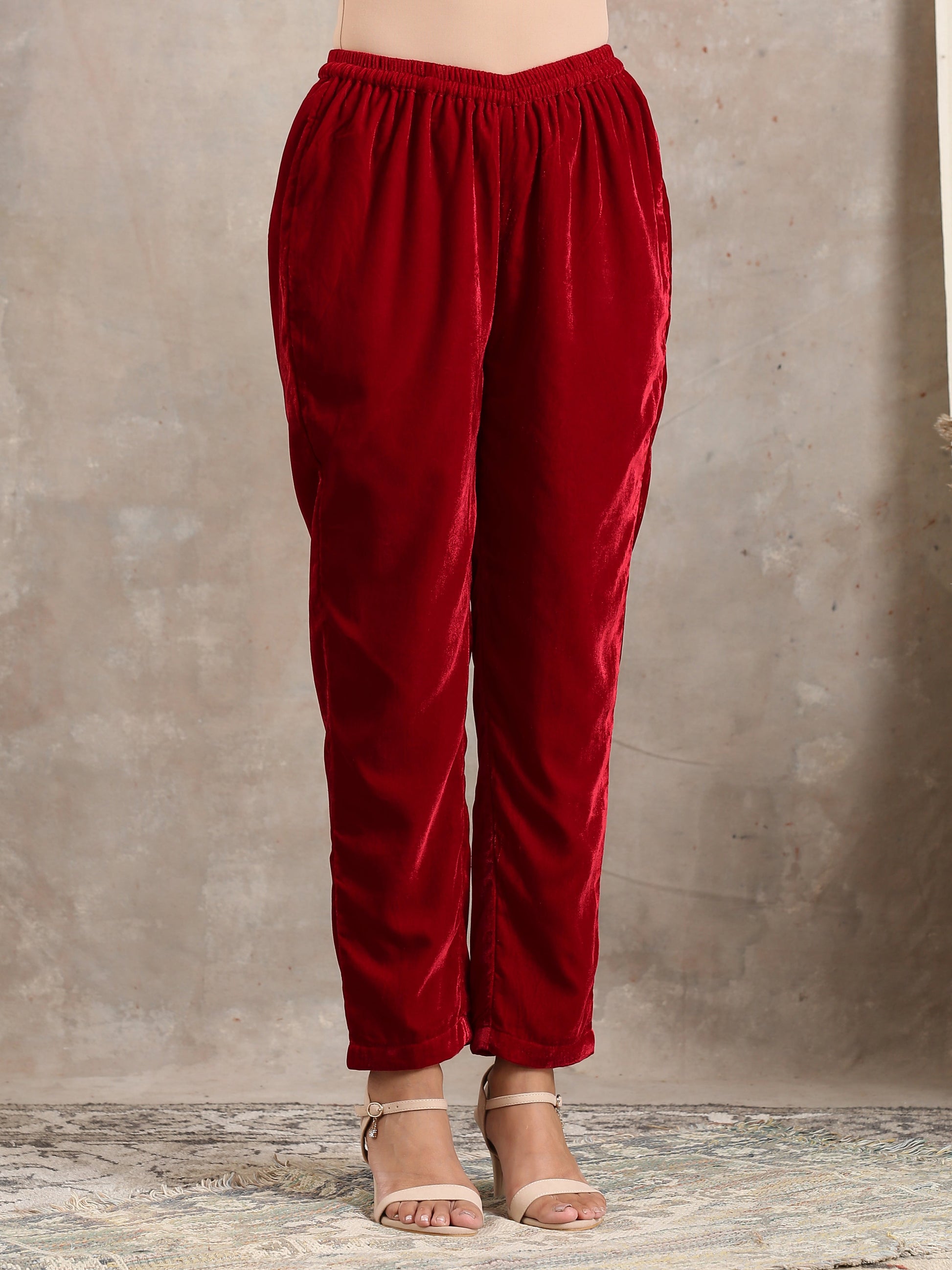 trueBrowns Red Velvet Pant | Swadesiicart