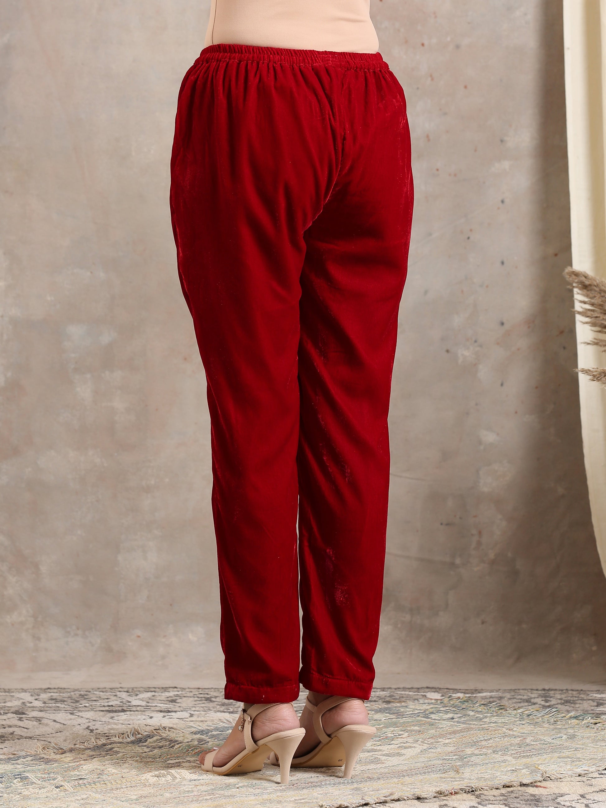 trueBrowns Red Velvet Pant | Swadesiicart