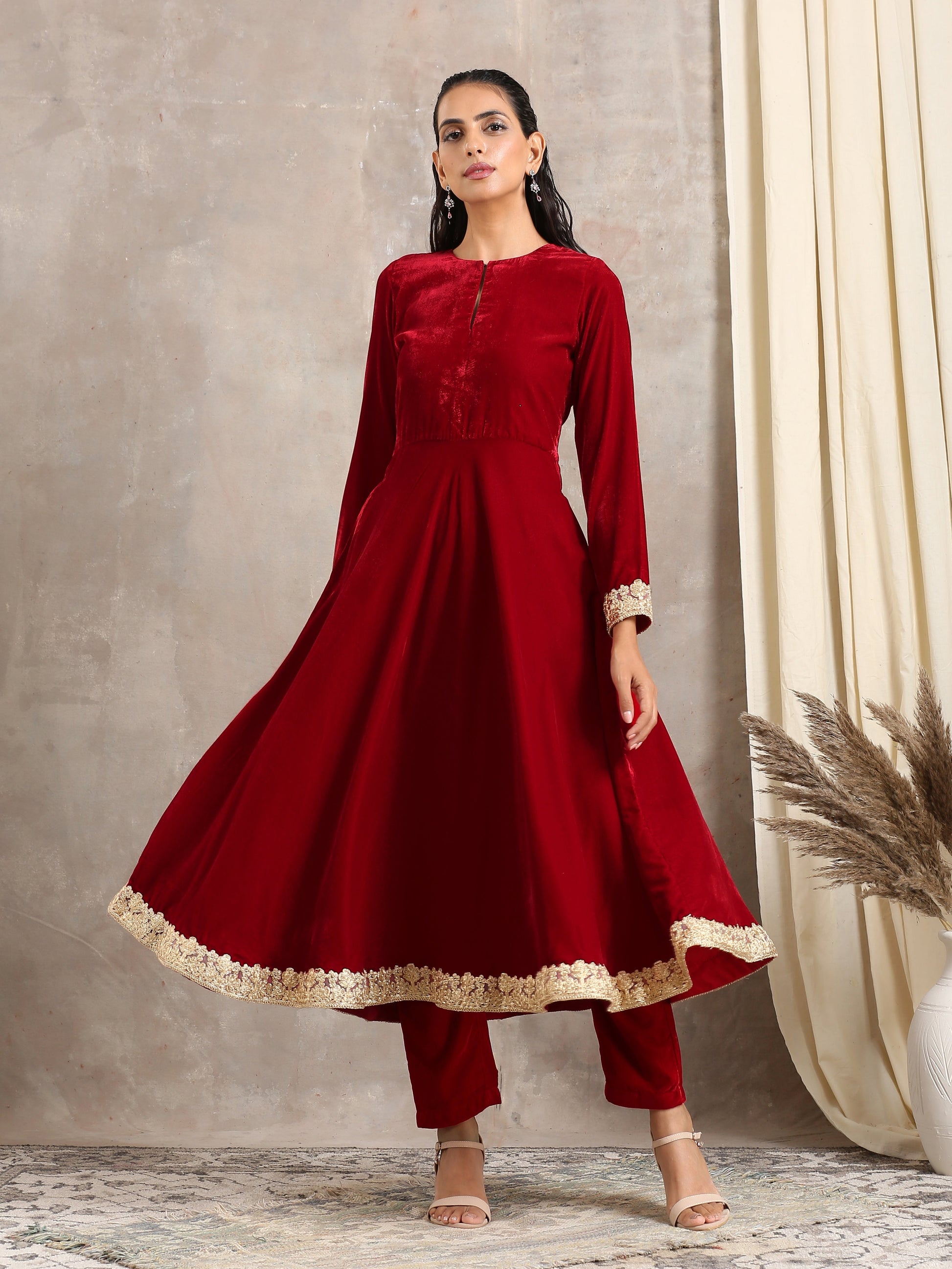 trueBrowns Red Velvet Pant | Swadesiicart