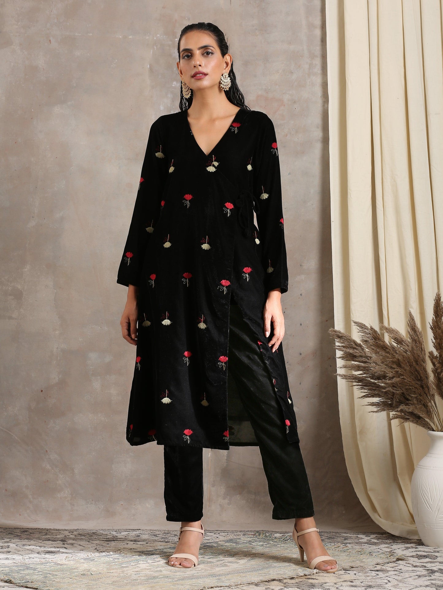 trueBrowns Black Velvet Embroidered Angrakha | Swadesiicart