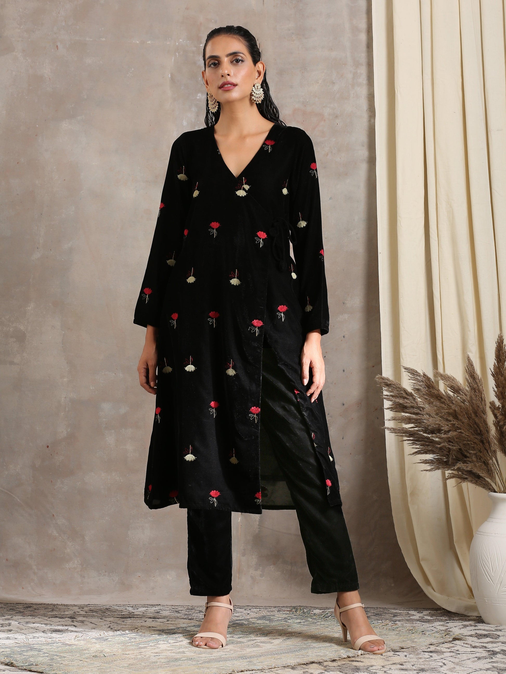 trueBrowns Black Velvet Embroidered Angrakha | Swadesiicart