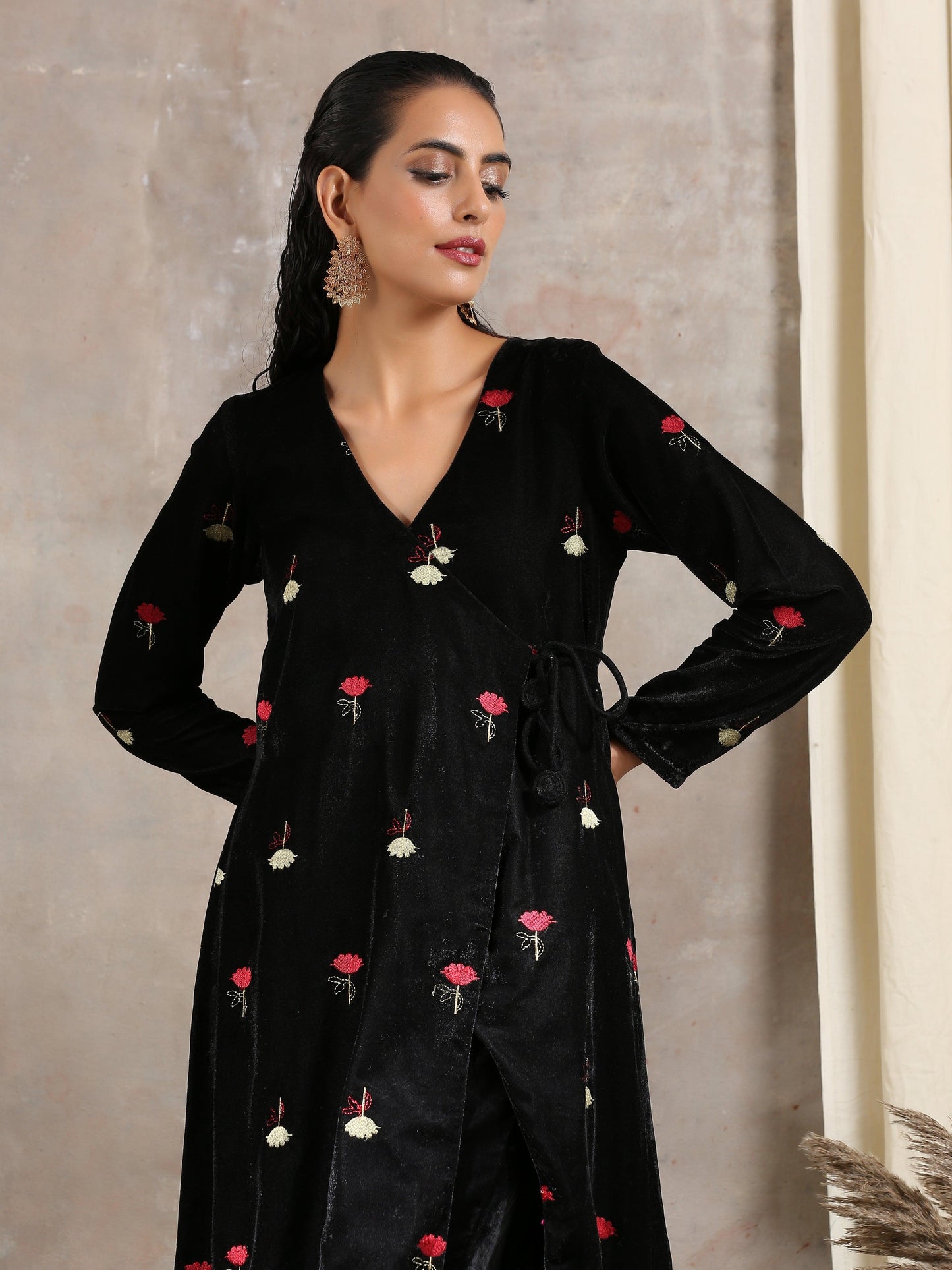 trueBrowns Black Velvet Embroidered Angrakha | Swadesiicart