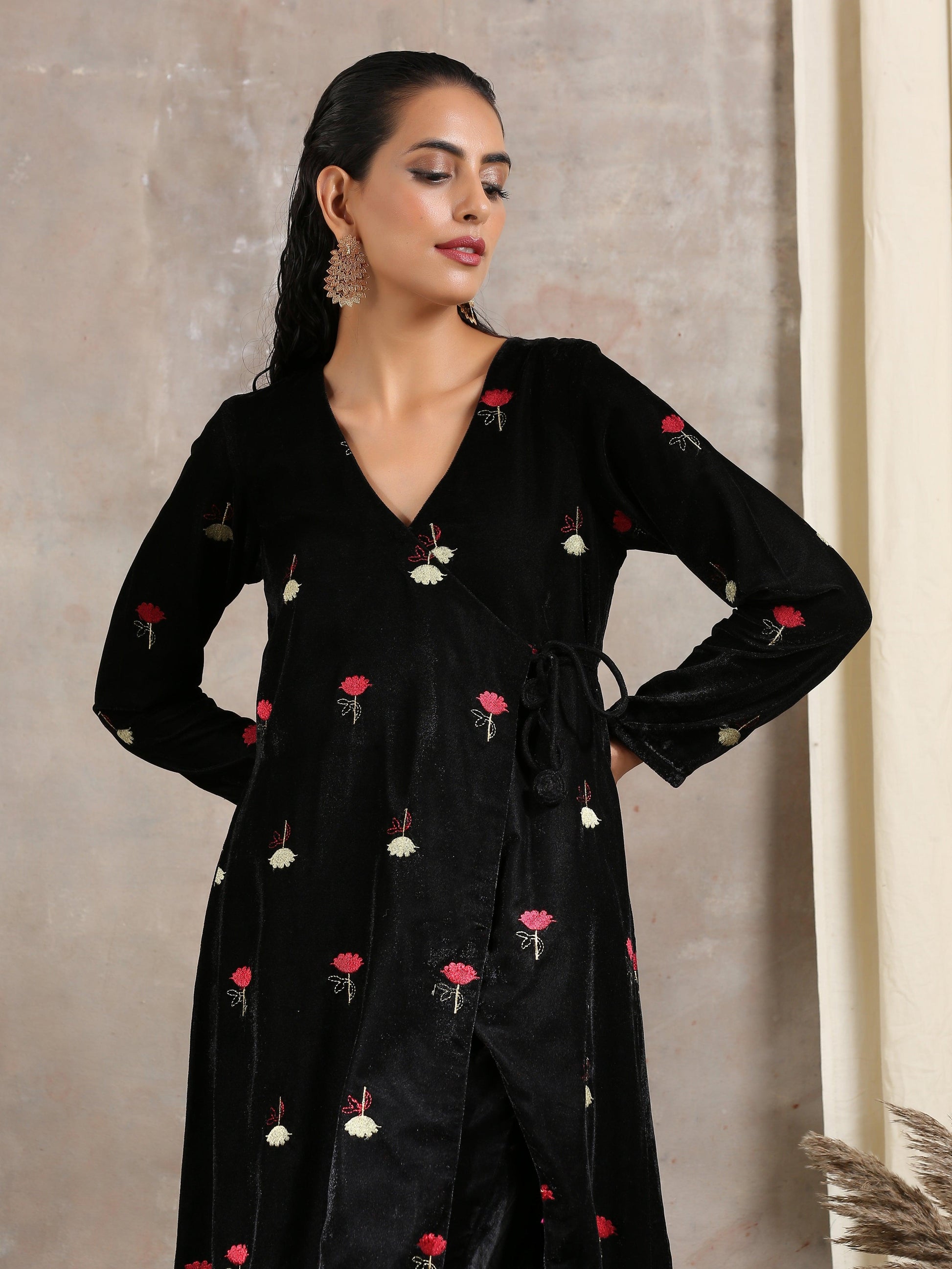 trueBrowns Black Velvet Embroidered Angrakha | Swadesiicart