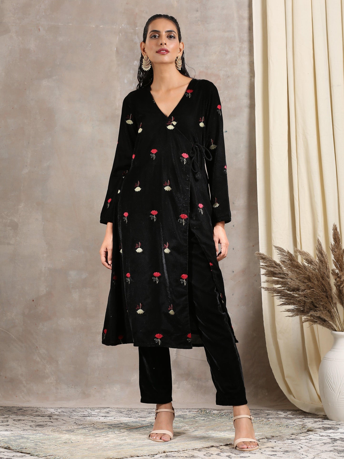 trueBrowns Black Velvet Embroidered Angrakha | Swadesiicart