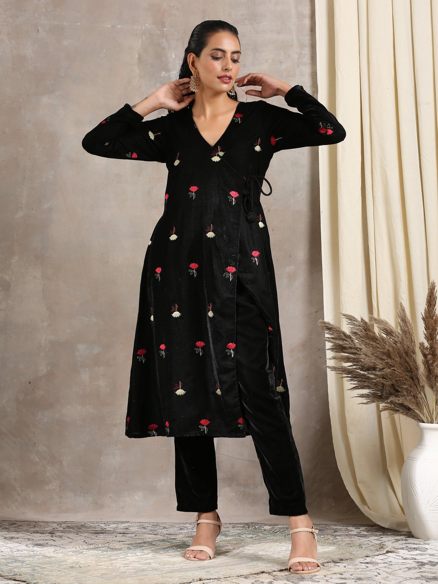 trueBrowns Black Velvet Embroidered Angrakha | Swadesiicart