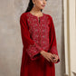 trueBrowns Red Velvet Embroidered Slit Kurta | Swadesiicart