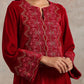 trueBrowns Red Velvet Embroidered Slit Kurta | Swadesiicart